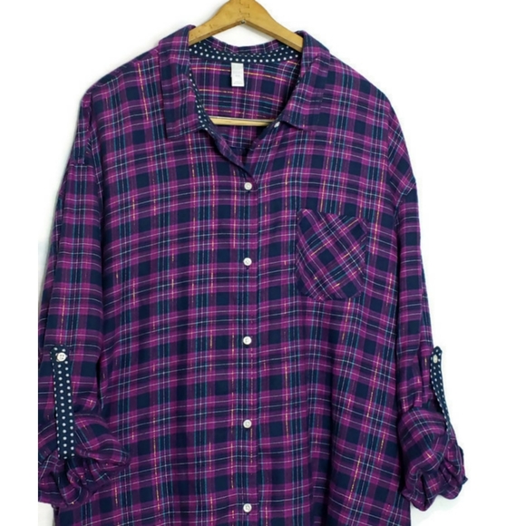 Plaid Flannel Button Up Top Roll Tab Sleeves XXL - Picture 3 of 8